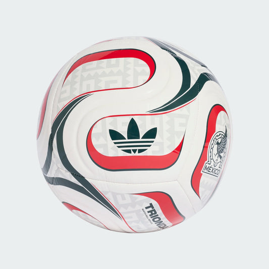 Ballon Trionda Mexico Away Club - Adidas blanc avec motifs rouges et noirs, détail sur logo Adidas et emblème Mexique.