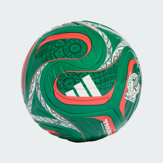 Mini ballon de soccer World Cup 2026 Mexica - Adidas vert, rouge et blanc avec motifs mexicains, vue de côté détaillée.