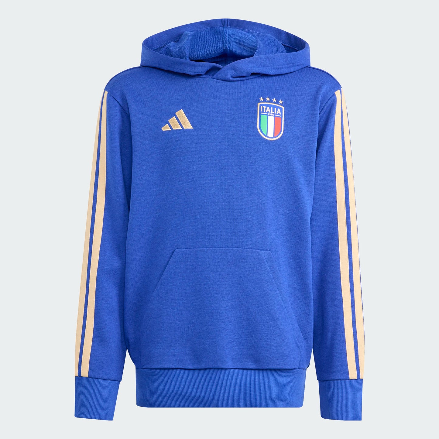 Hoodie Italis Dna - Adidas bleu royal avec détails beige, logo Italie, en coton mixte, pour garçon, vue de face.
