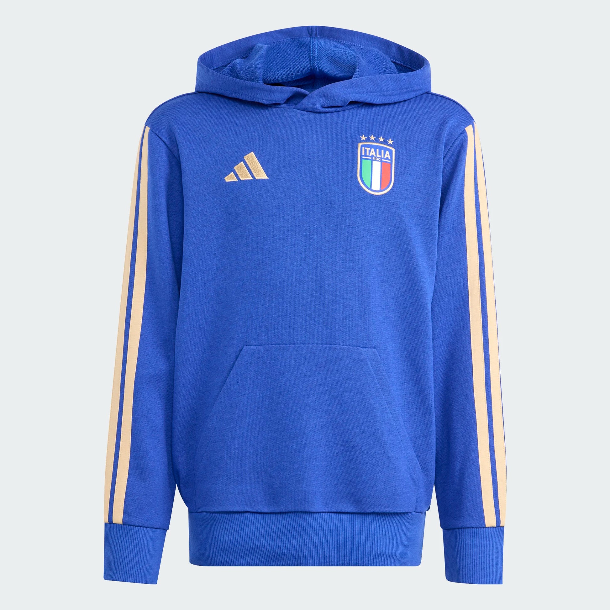Hoodie Italis Dna - Adidas bleu royal avec détails beige, logo Italie, en coton mixte, pour garçon, vue de face.