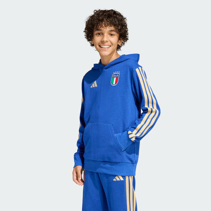 Hoodie Italis Dna - Adidas bleu royal avec bandes beige, sweat à capuche en coton pour garçon, porté de face sur mannequin.