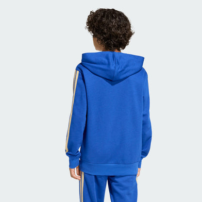 Hoodie Italis Dna - Adidas bleu royal avec bandes beige, coton mélangé, pour garçon, vue de dos porté sur mannequin