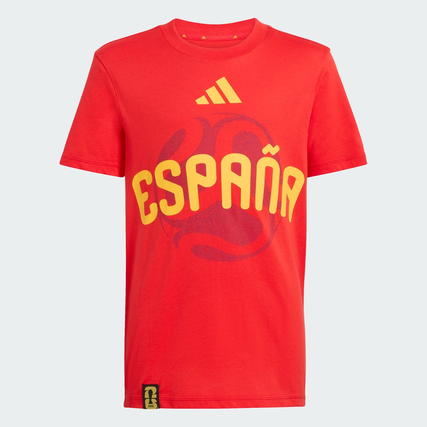 T-Shirt FIFA World Cup 26 Spain - Adidas rouge en coton, imprimé jaune et rouge bordeaux, vue de face.