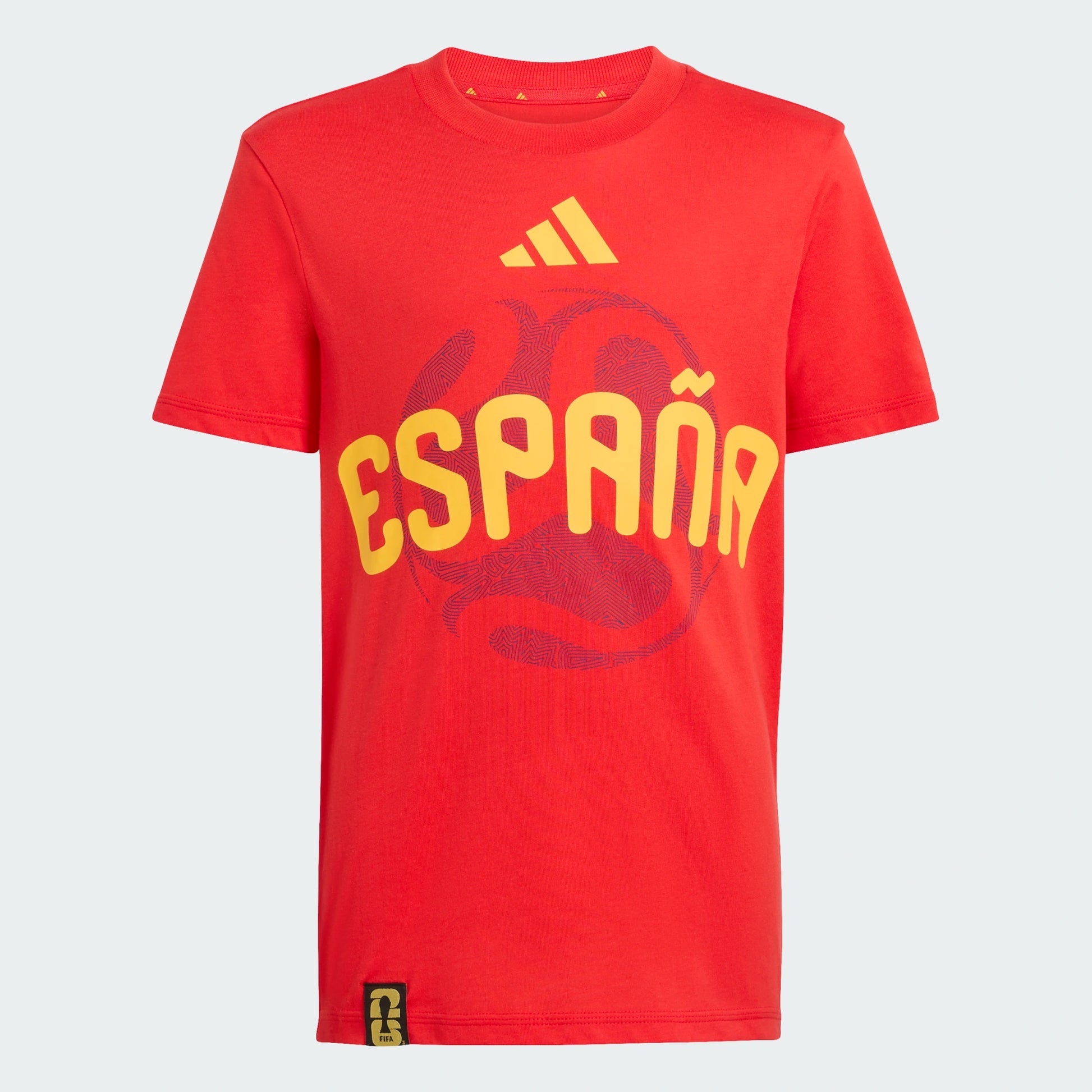 T-Shirt FIFA World Cup 26 Spain - Adidas rouge en coton, imprimé jaune et rouge bordeaux, vue de face.
