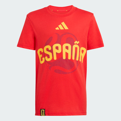 T-Shirt FIFA World Cup 26 Spain - Adidas rouge en coton, imprimé jaune et rouge bordeaux, vue de face.