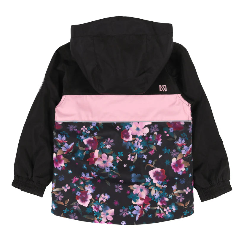 Manteau Mi-Saison Ashley - Nanö noir et rose avec motif floral multicolore, pour enfant, vue de dos avec capuchon