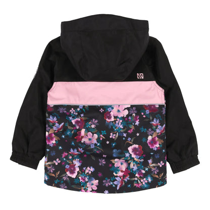 Manteau Mi-Saison Ashley - Nanö noir et rose avec motif floral multicolore, pour enfant, vue de dos avec capuchon