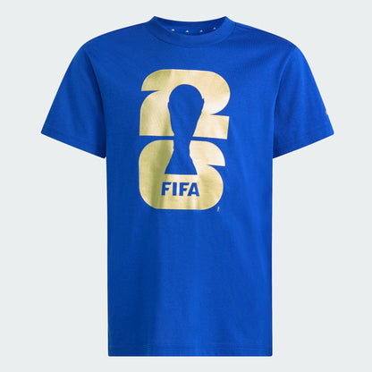 T-Shirt FIFA World Cup 2026 - Adidas bleu coton avec logo doré FIFA, style classique, vue de face, adulte unisexe.