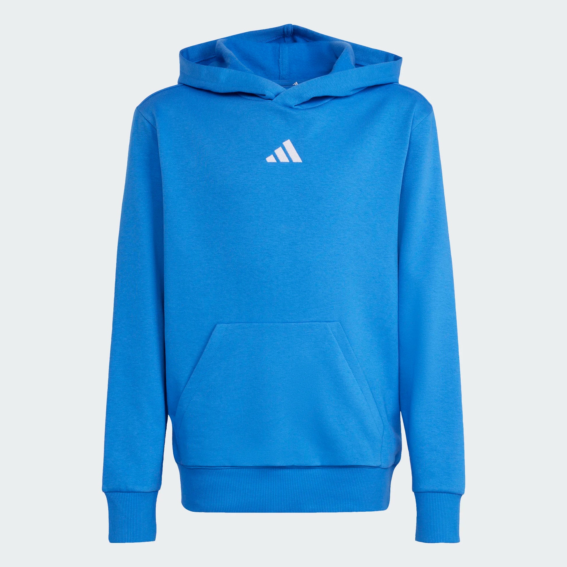 Hoodie Essentials - Adidas bleu vif en coton et polyester recyclé, vue avant, image carrée 2000x2000 pixels.