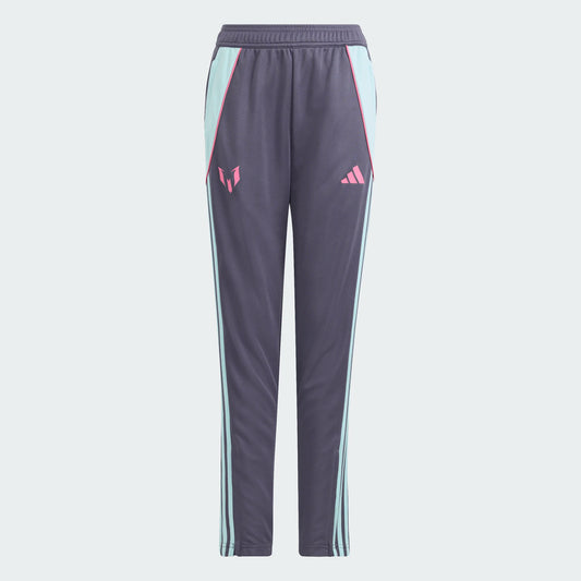 Pantalon Messi - Adidas gris foncé avec bandes turquoise et logos roses, 100% polyester, vue de face ajustable.