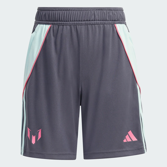 Short Messi - Adidas short enfant gris foncé avec bandes bleu clair et logos roses, tissu polyester, vue de face ajustable