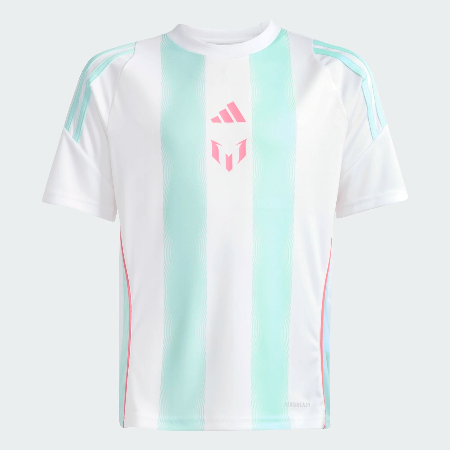 Jersey Messi - Adidas blanc avec rayures turquoise clair, détails roses, manches courtes, tissu léger, vue de face.
