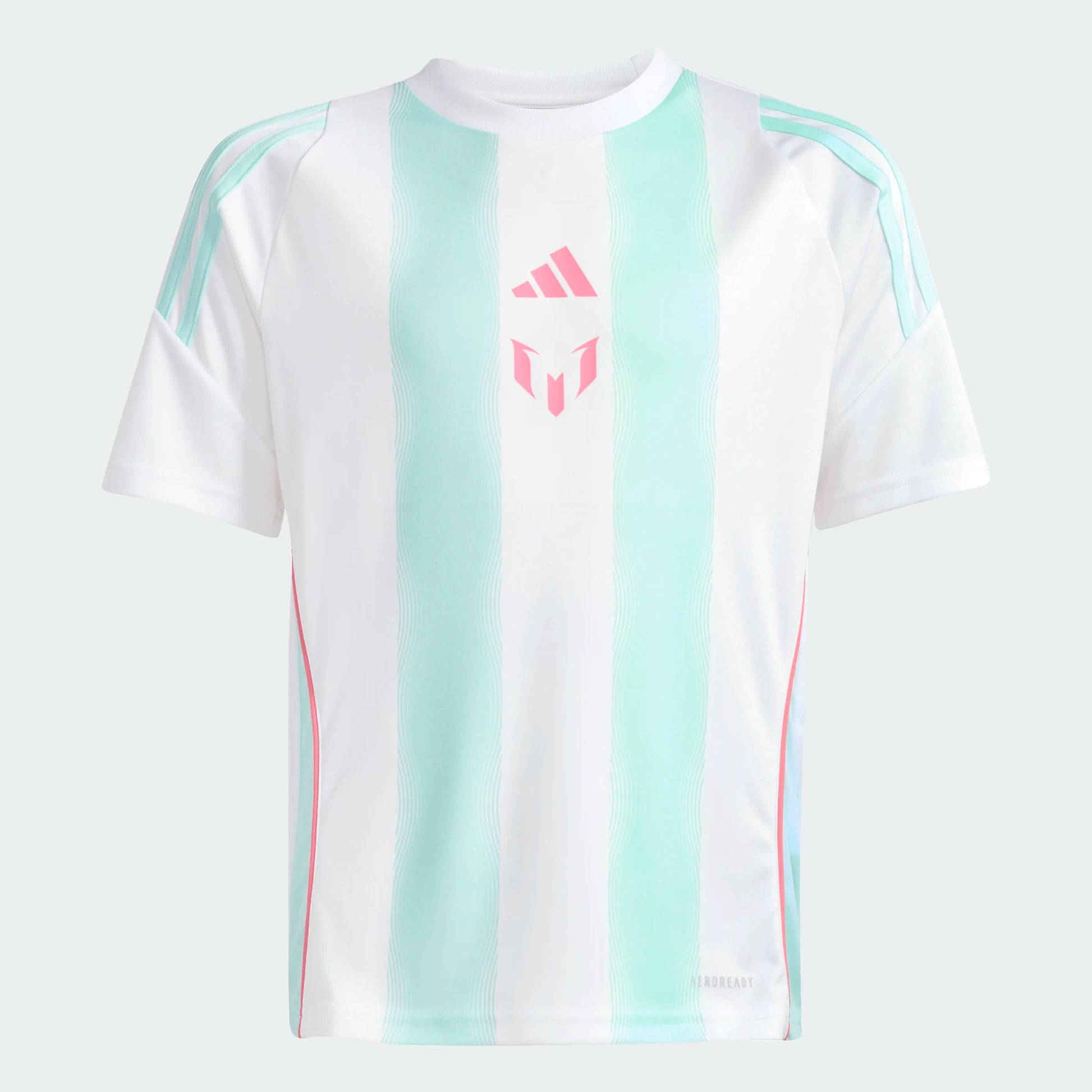 Jersey Messi - Adidas blanc avec rayures turquoise clair, détails roses, manches courtes, tissu léger, vue de face.