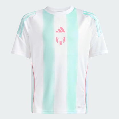 Jersey Messi - Adidas blanc avec rayures turquoise clair, détails roses, manches courtes, tissu léger, vue de face.