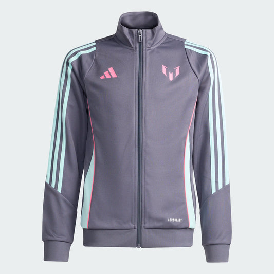 Veste Messi - Adidas gris foncé avec bandes bleu clair et détails roses en polyester pour enfant, vue de face