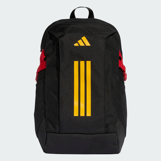 Sac à dos ADIDAS APWR - Adidas noir avec bandes jaunes et détails rouges, style sportif, vue de face en polyester robuste.