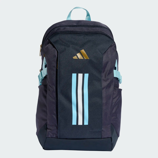 Sac à dos ADIDAS APWR - Adidas noir et bleu clair avec logo doré, style sportif, vue de face, matériau textile robuste.