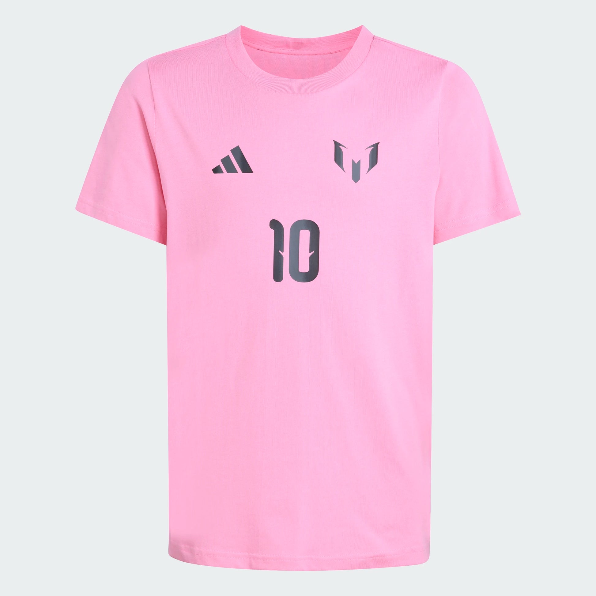 T-Shirt MESSI Graphic - Adidas rose clair en coton, imprimés noirs, style simple, vue de face, coupe enfant unisexe.