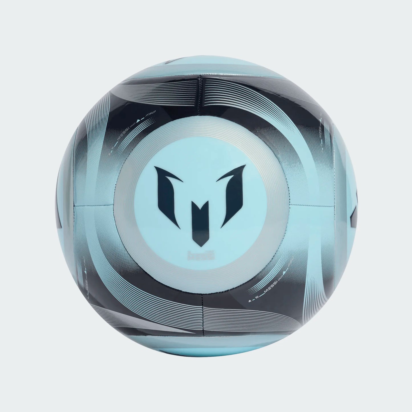 Ballon de soccer Club Messi - Adidas en bleu clair et noir, design géométrique moderne, vue de face détaillée.