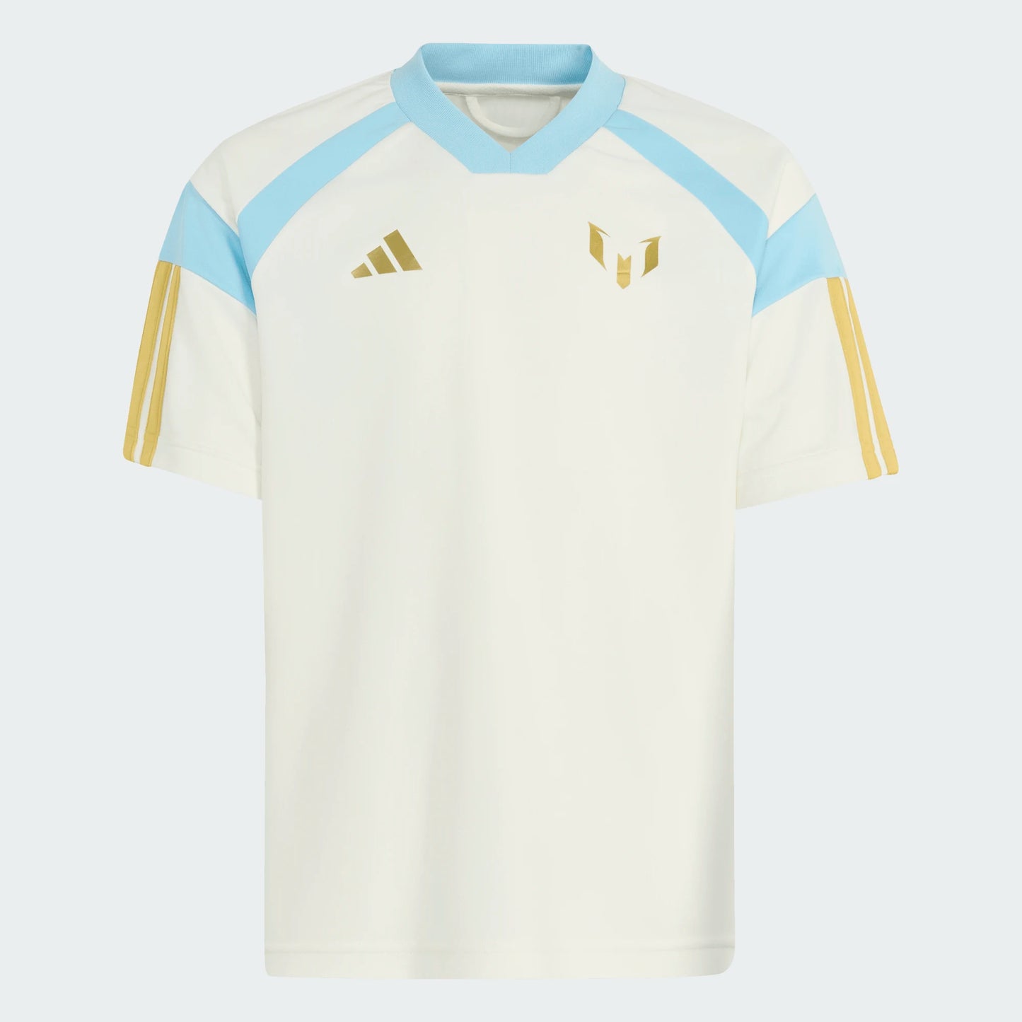 T-Shirt Messi - Adidas blanc avec col bleu ciel et détails dorés sur les manches et logos, style sportif, vue de face.