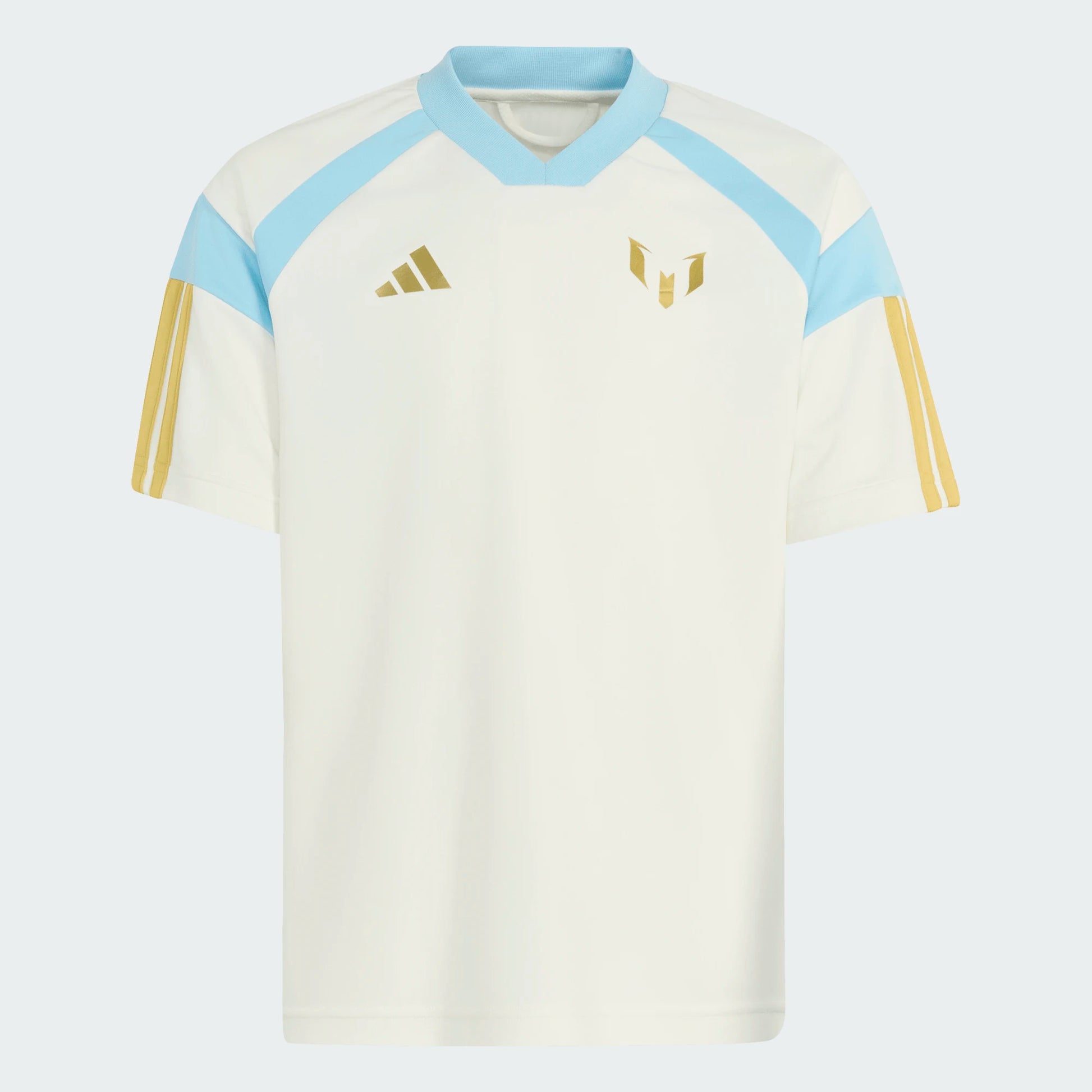 T-Shirt Messi - Adidas blanc avec col bleu ciel et détails dorés sur les manches et logos, style sportif, vue de face.