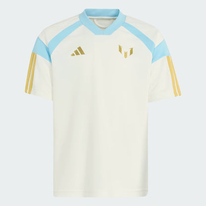 T-Shirt Messi - Adidas blanc avec col bleu ciel et détails dorés sur les manches et logos, style sportif, vue de face.