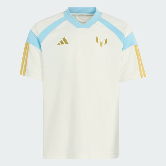 T-Shirt Messi - Adidas blanc avec col bleu ciel et détails dorés sur les manches et logos, style sportif, vue de face.
