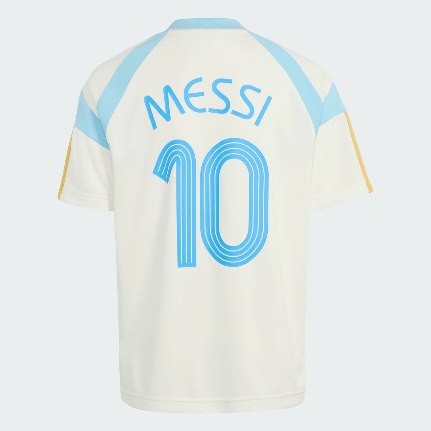 T-Shirt Messi - Adidas blanc avec détails bleus clairs et or, numéro 10 et nom Messi au dos, style sportif, vue de dos.