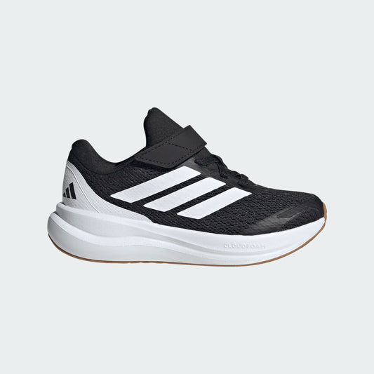 Chaussure de course noire et blanche en mesh avec trois bandes contrastées et semelle épaisse en mousse vue de profil