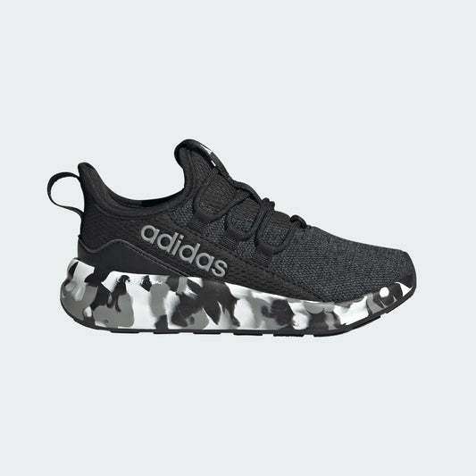 Espadrilles Lite Racer Adapt 8.0 K - Adidas en noir avec semelle camouflage blanche et grise, style basket légère pour enfant, vue de profil.
