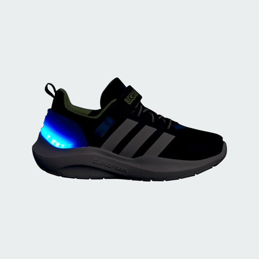 Espadrilles Lightorama - Adidas noires avec détails gris et bleu lumineux à l’arrière, style sportif, vue de profil côté extérieur.