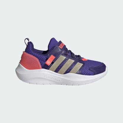 Espadrilles Lightorama - Adidas bleu violet avec détails corail, trois bandes beige, matière mesh respirante, vue de profil pour enfant.