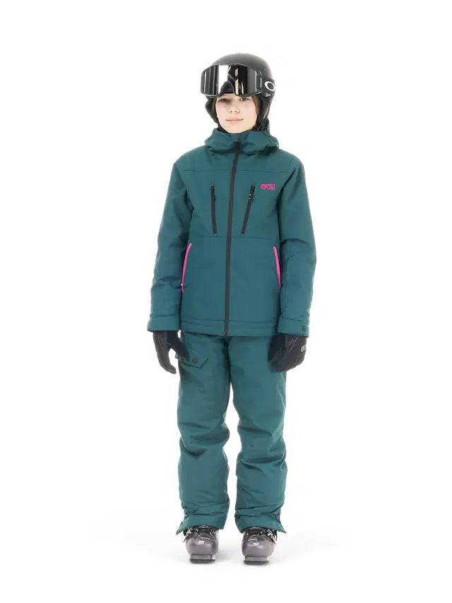 Manteau d'hiver Miniakin - Picture vert porté par un enfant avec pantalon assorti et casque de ski vue de face