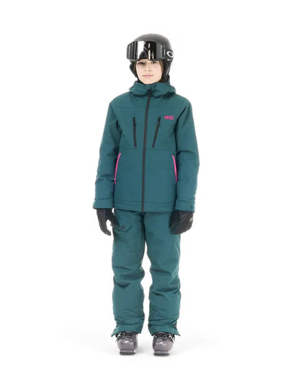 Manteau d'hiver Miniakin - Picture vert porté par un enfant avec pantalon assorti et casque de ski vue de face