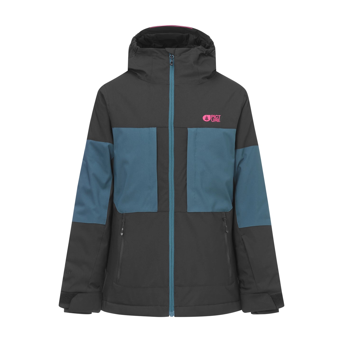 Manteau d'hiver Tissera - Picture noir et bleu à capuche avec poches zippées vue de face