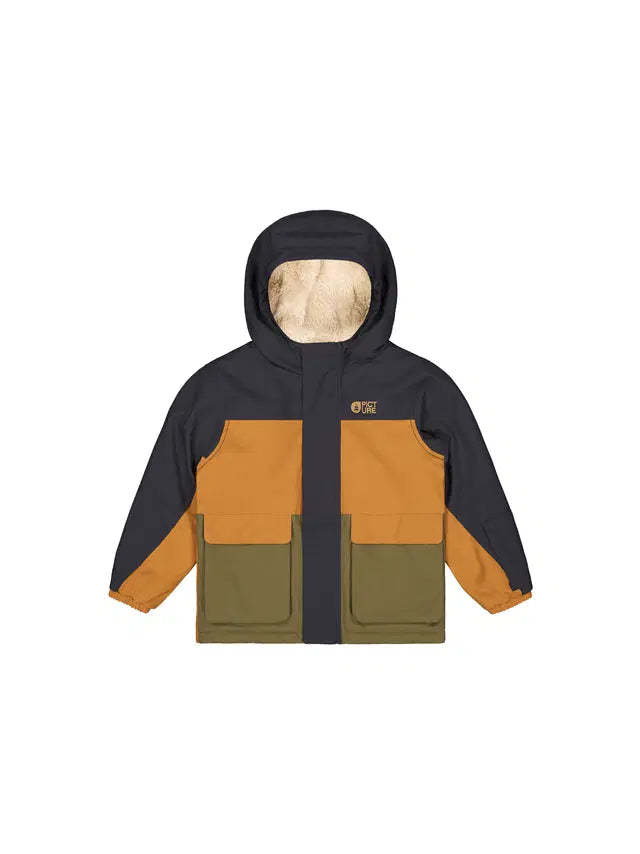 Manteau d'hiver Snowy - Picture à capuche noir orange et kaki doublé de fourrure visible vue de face pour enfant