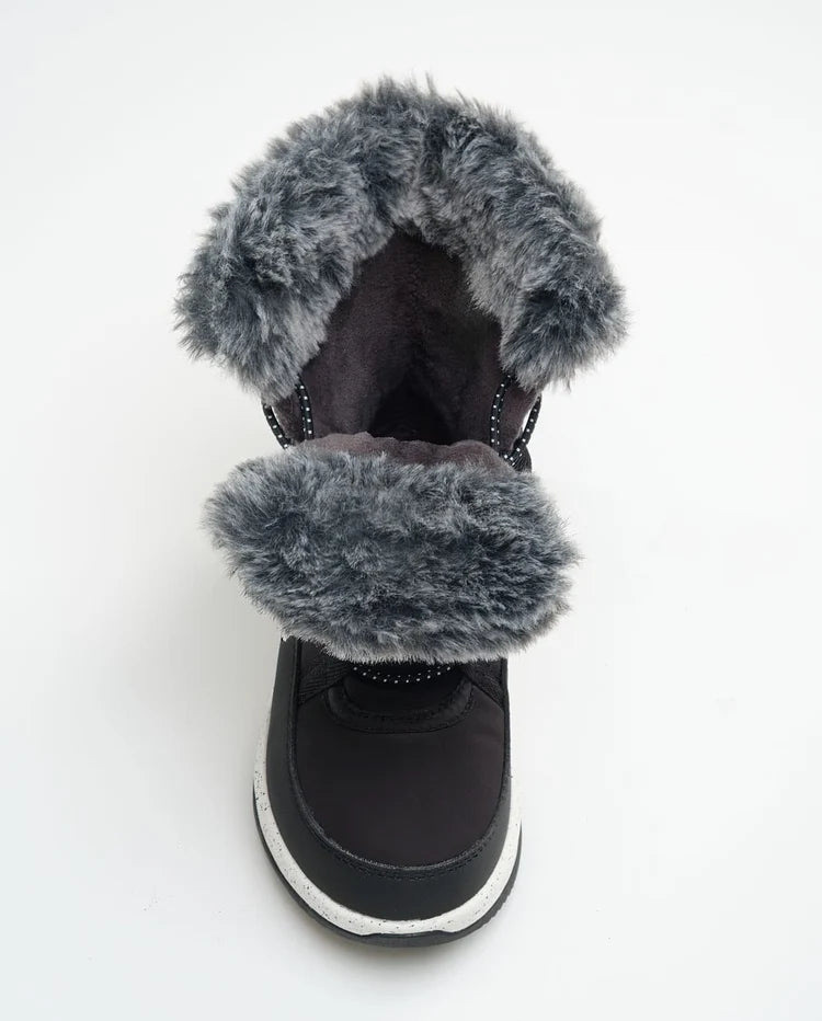 Bottes d'hiver Stormy F - Kamik en textile noir avec intérieur et col en fausse fourrure grise, vue de dessus, style enfant.
