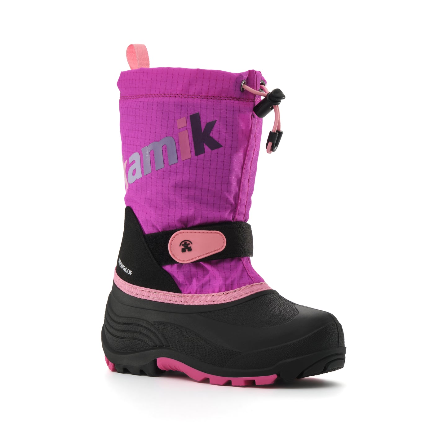 Bottes d'hiver Waterbug 5 - Kamik pour enfant, couleur violet et noir avec détails roses, tige en textile imperméable, vue de côté.