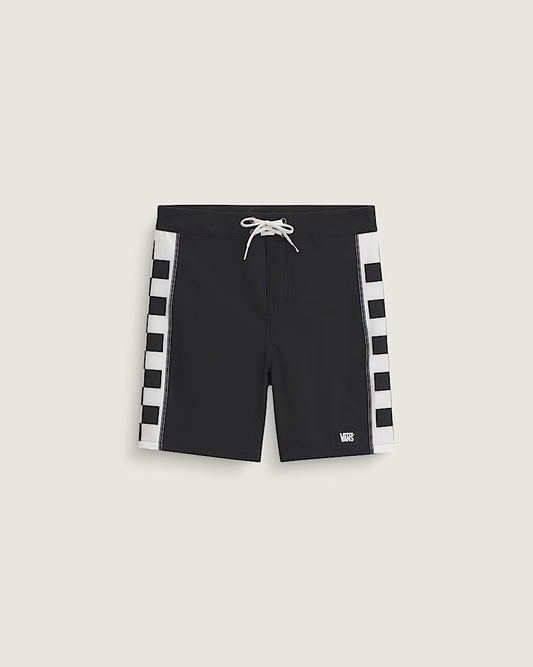 Maillot de bain - Vans short noir avec bandes blanches à damier sur les côtés, lacet blanc à la taille, vue de face.