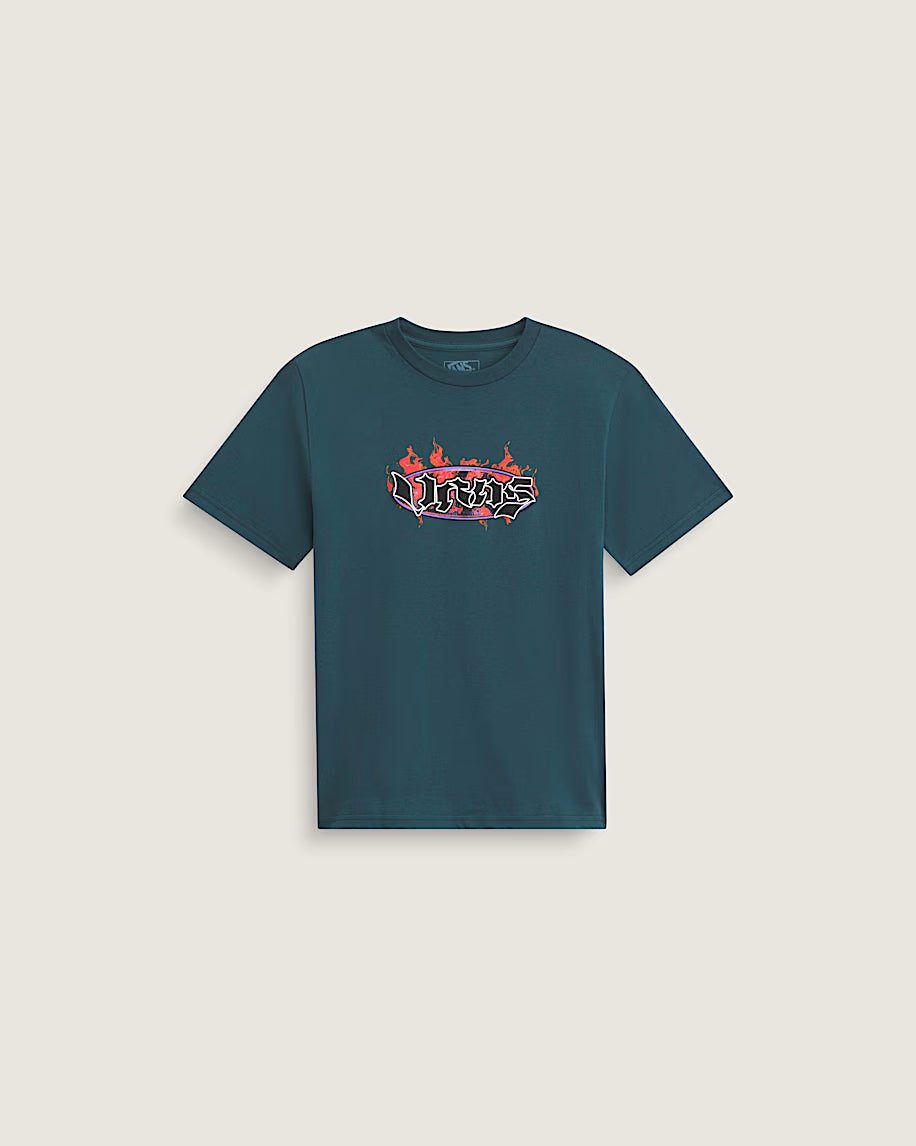T-Shirt - Vans bleu pétrole en coton avec logo flames rouge et blanc, coupe classique, vue de face.