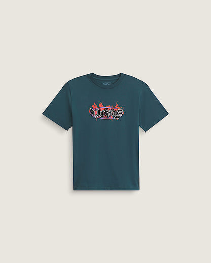 T-Shirt - Vans bleu pétrole en coton avec logo flames rouge et blanc, coupe classique, vue de face.
