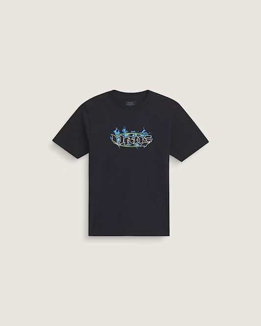T-Shirt - Vans noir en coton 100% avec logo bleu et jaune style graffiti, vue de face sur fond clair