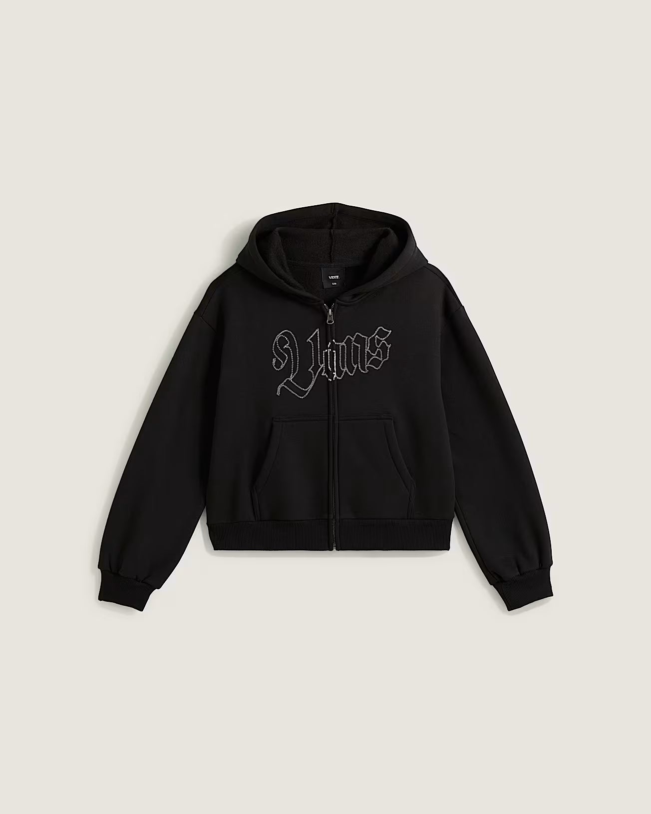Veste - Vans noire zippée avec capuche et logo imprimé gris, en coton et polyester, pour fille, vue de face.
