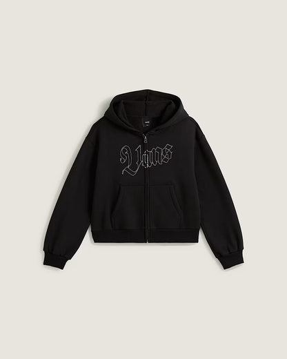 Veste - Vans noire zippée avec capuche et logo imprimé gris, en coton et polyester, pour fille, vue de face.