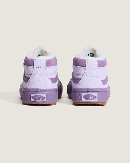 Bottillons Mi-Saison Sk8-Mid Reissue Insulat - Vans lilas et violet en suède et tissu, doublure intérieur blanche en fausse fourrure, vue arrière.