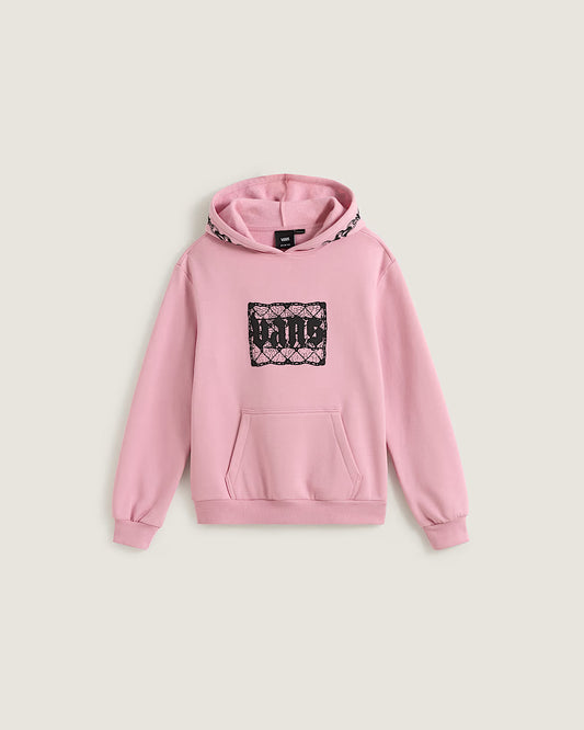 Hoodie - Vans rose clair avec logo noir devant, capuche avec détail texte noir, style enfant, vue de face.