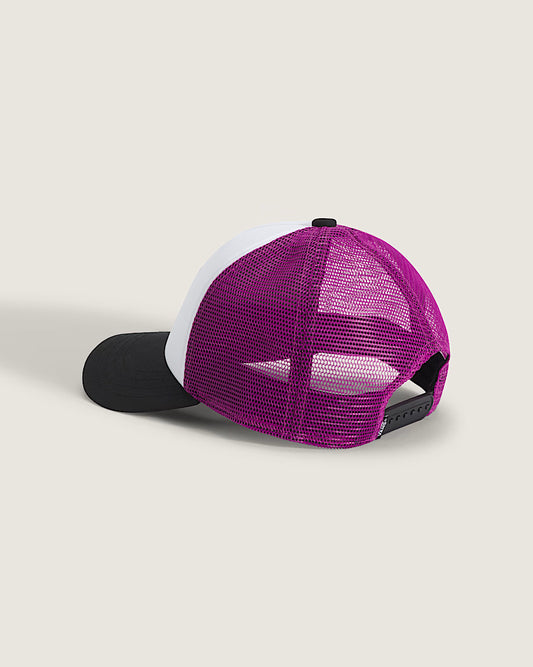 Casquette - Vans style camionneur avec bec incurvé noir, panneau avant blanc rigide et dos en mesh violet, vue arrière.