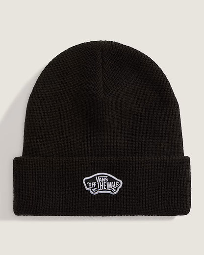 Tuque d'hiver - Vans noire en tricot épais avec logo blanc brodé, style garçon, vue de face sur fond neutre.
