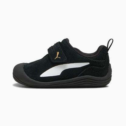 Chaussures Kitten Premium - Puma noires en suède avec bande blanche, fermeture velcro, pour enfant, vue de profil gauche.