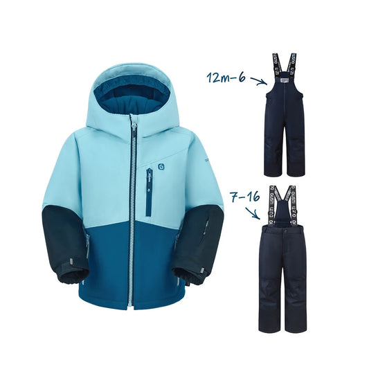 Habit de neige Lauren - Gusti bleu clair et bleu marine pour enfant avec veste à capuchon et pantalon à bretelles vue de face